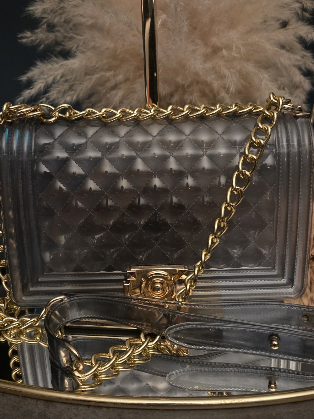 Smoky Transparent Quilted Jelly Chain Bag | Luxe Glam Statement Purse - Picture 4 of 17